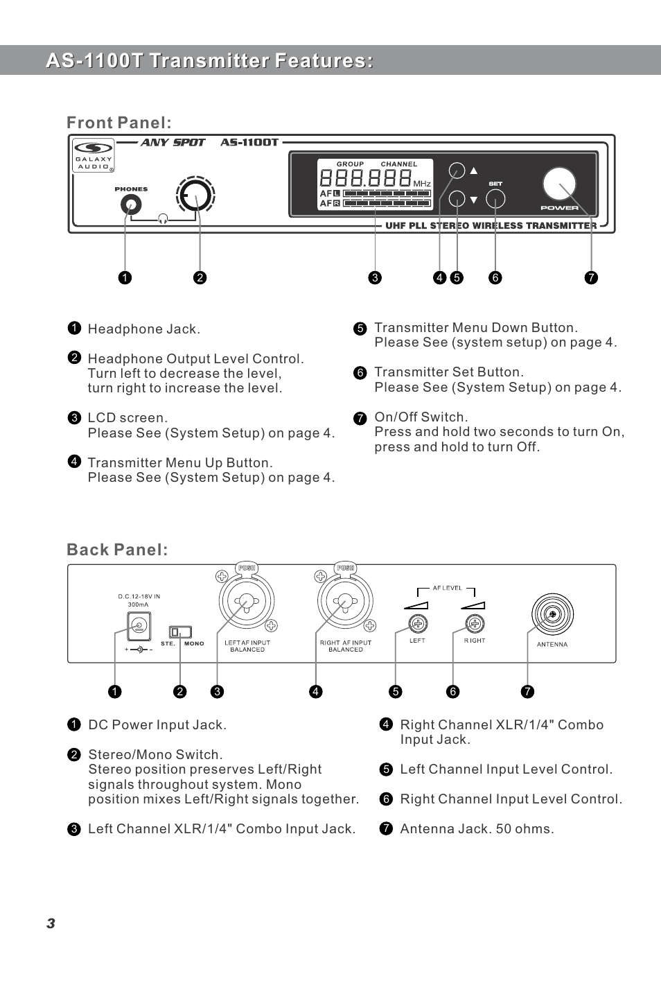 As-1100t transmitter features, Front panel: back panel | Galaxy Audio AS-1100 User Manual | Page 4 / 8