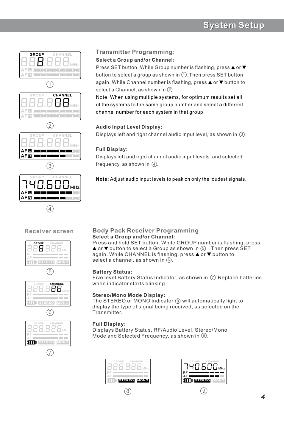 System setup, Receiver screen, Transmitter programming | Body pack receiver programming | Galaxy Audio AS-1100 User Manual | Page 5 / 8