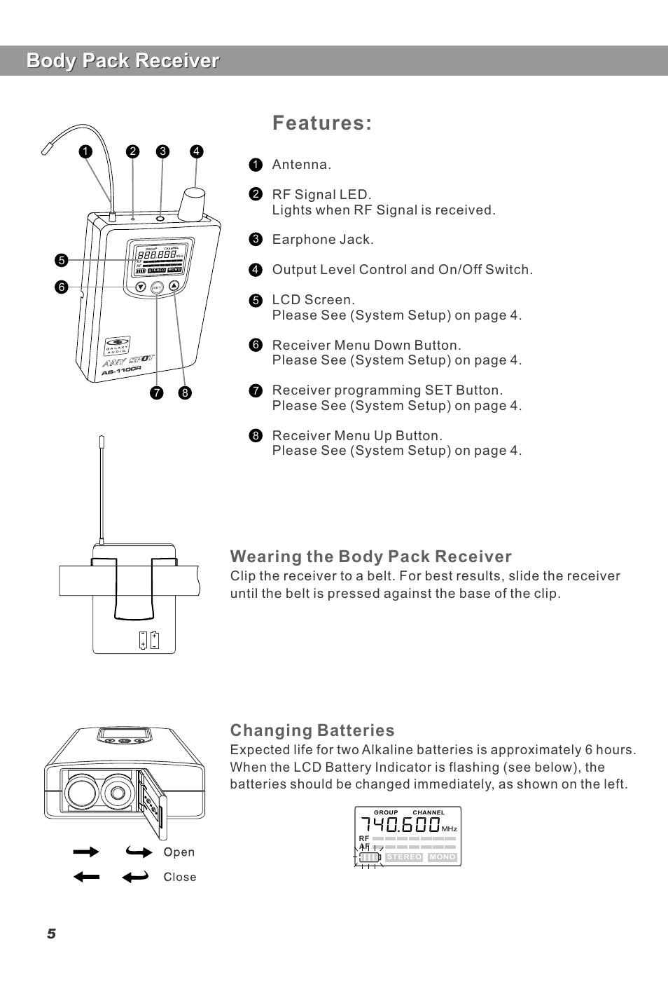 Features, Body pack receiver, Wearing the body pack receiver | Changing batteries | Galaxy Audio AS-1100 User Manual | Page 6 / 8
