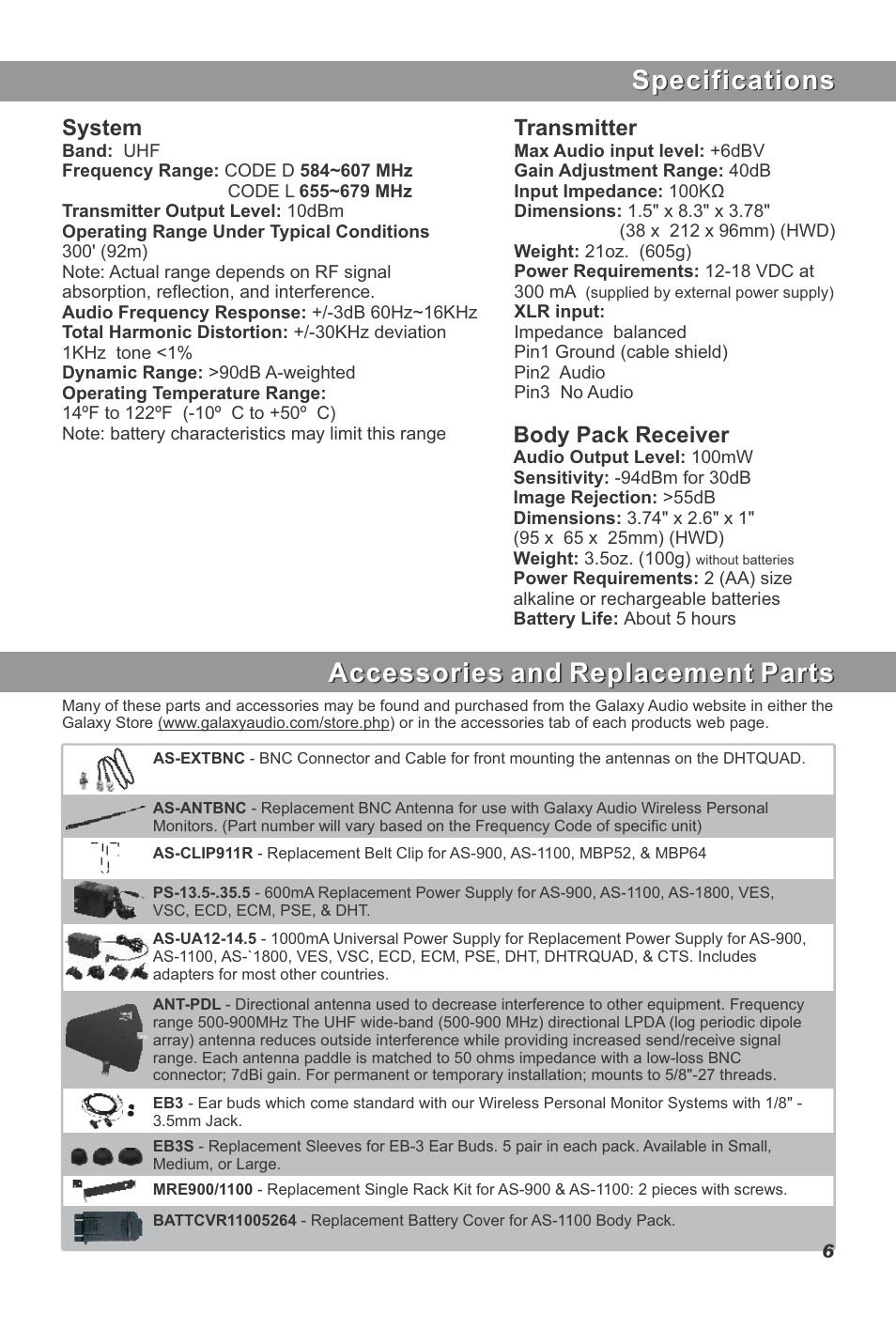 Specifications, Accessories and replacement parts, System | Transmitter, Body pack receiver | Galaxy Audio AS-1100 User Manual | Page 7 / 8