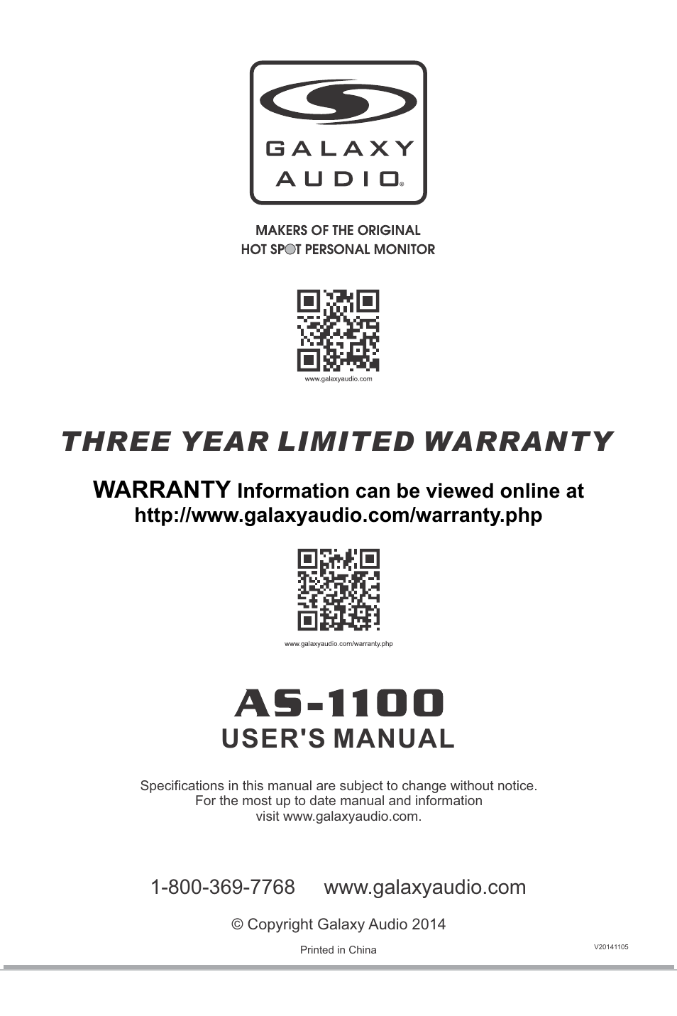 Three year limited warranty, User's manual, Warranty | Galaxy Audio AS-1100 User Manual | Page 8 / 8