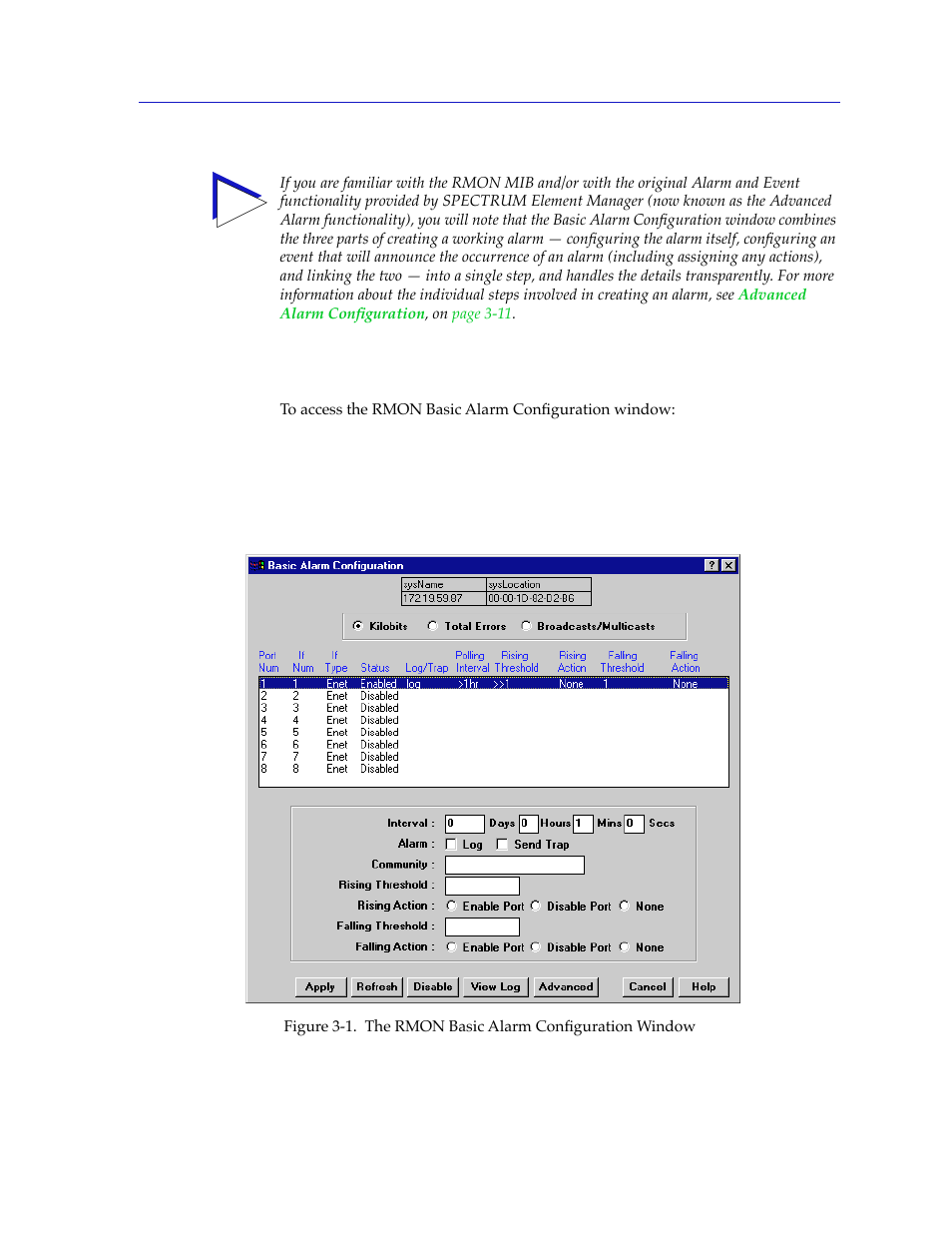 Accessing the basic alarm configuration window | Cabletron Systems 2000 User Manual | Page 101 / 196