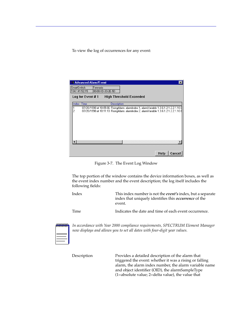 Viewing an advanced alarm event log, Viewing an advanced alarm event log -27 | Cabletron Systems 2000 User Manual | Page 125 / 196