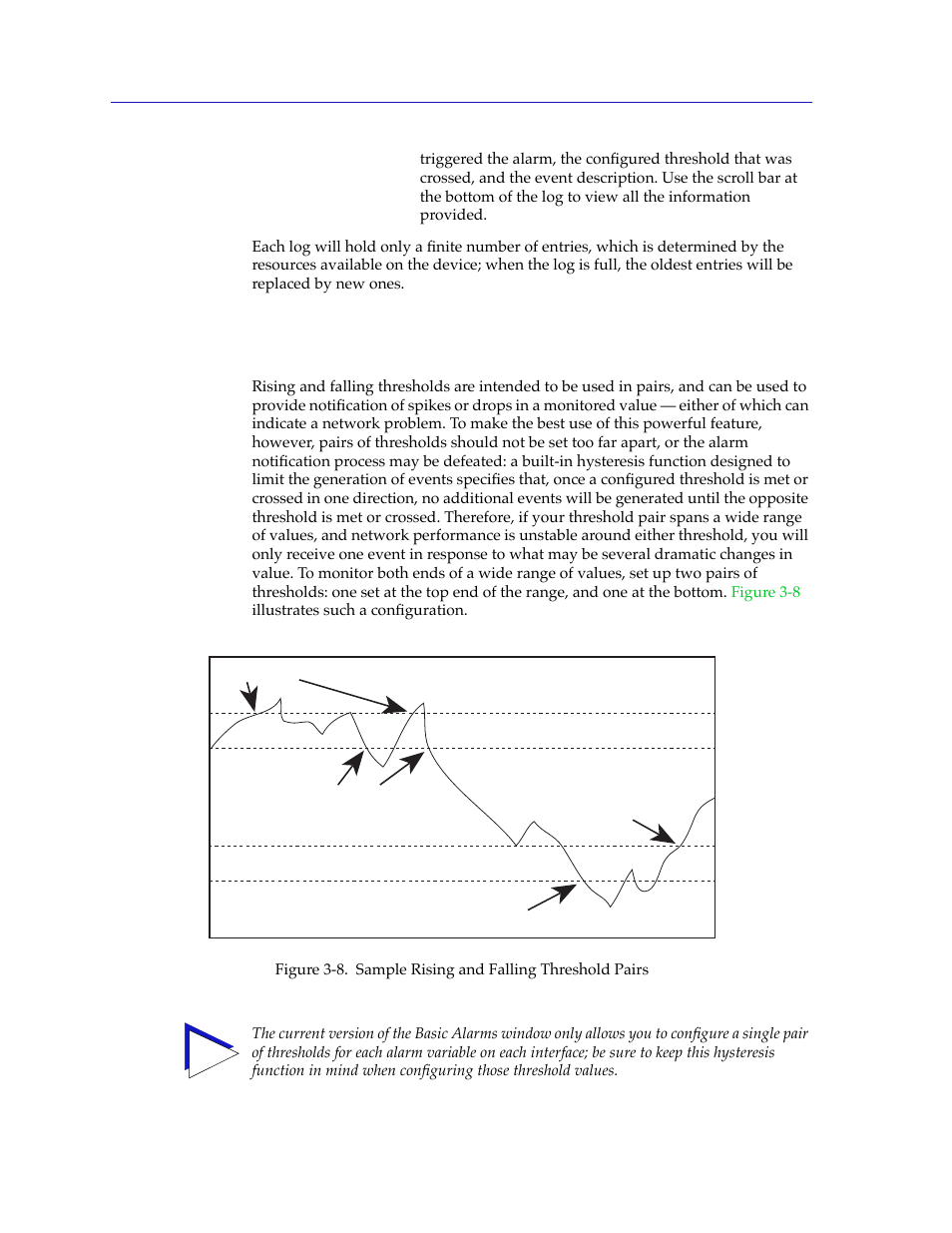 How rising and falling thresholds work, How rising and falling thresholds work -28, Iggered, see | How rising and, Falling thresholds work | Cabletron Systems 2000 User Manual | Page 126 / 196