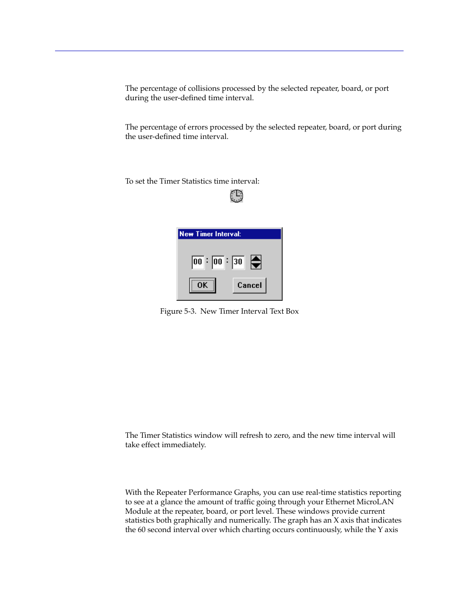 Setting the timer statistics interval, Repeater performance graphs, Setting the timer statistics interval -8 | Repeater performance graphs -8 | Cabletron Systems 2000 User Manual | Page 142 / 196