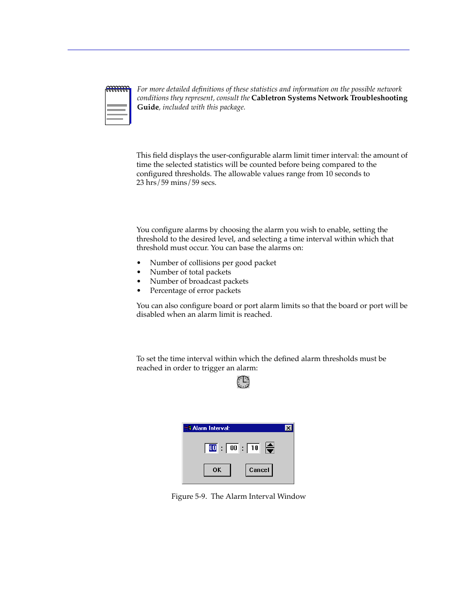 Configuring alarms, Setting the alarm limits time interval, Conþguring alarms -19 | Setting the alarm limits time interval -19 | Cabletron Systems 2000 User Manual | Page 153 / 196