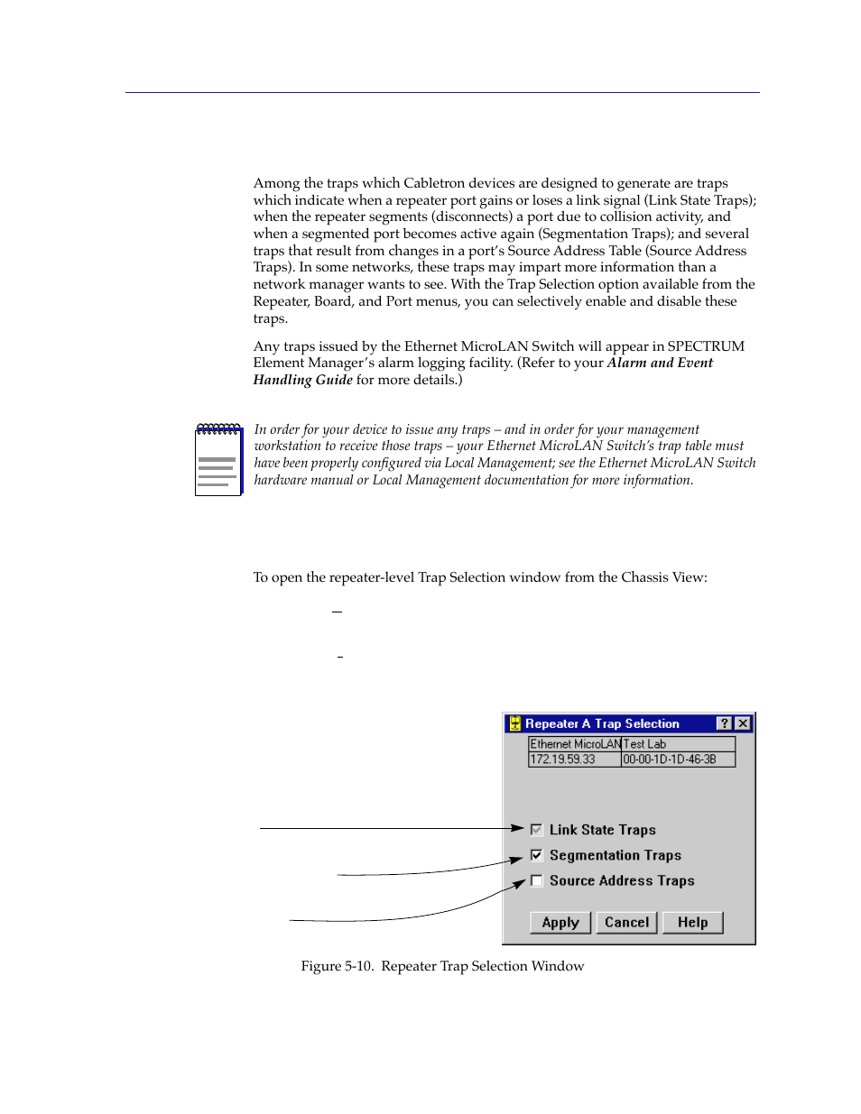 Trap selection, Accessing the trap selection windows, Trap selection -21 | Accessing the trap selection windows -21 | Cabletron Systems 2000 User Manual | Page 155 / 196