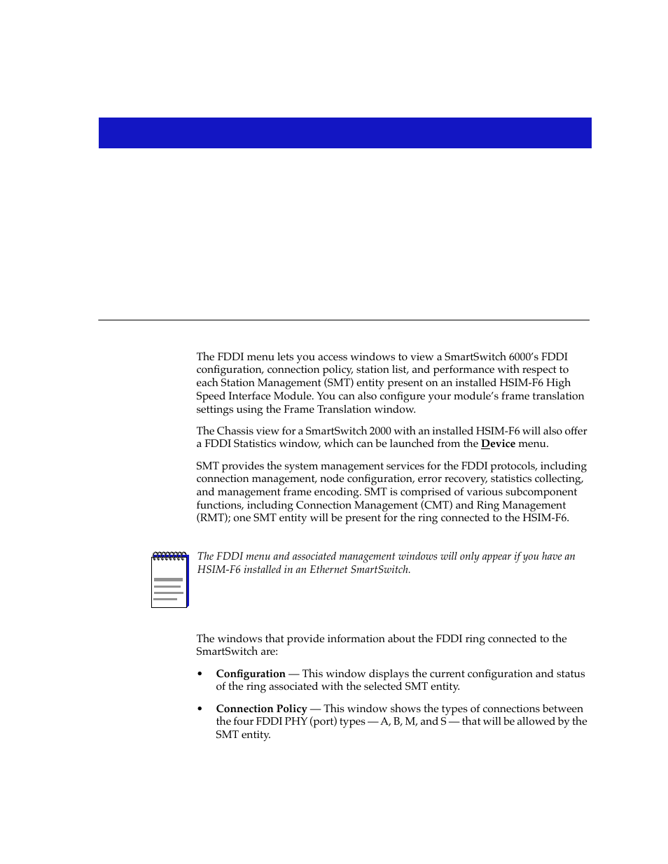 Fddi applications, Chapter 6, Describes the fddi management windows | For mor, Refer to chapter 6, For information on these menu selections | Cabletron Systems 2000 User Manual | Page 161 / 196