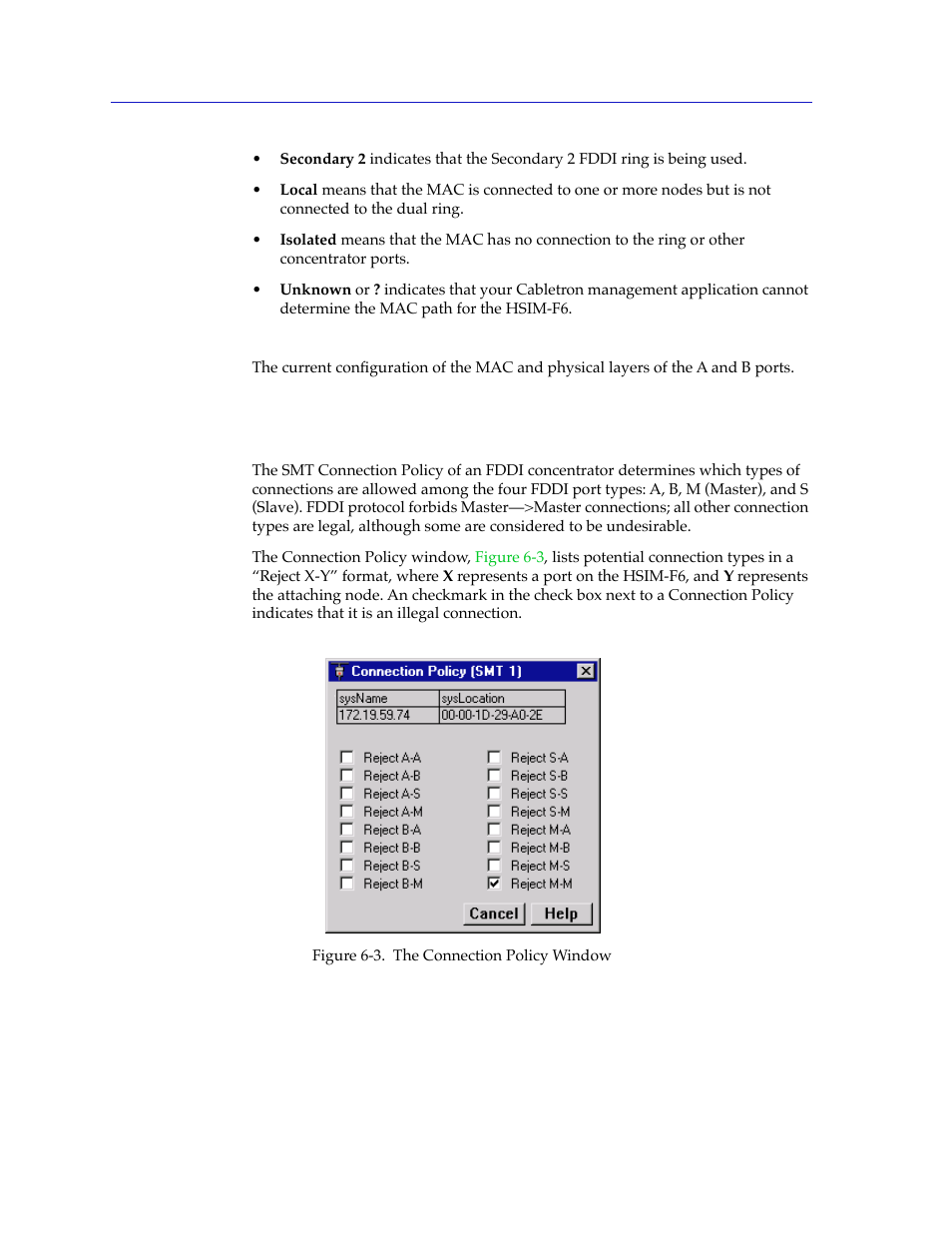 Connection policy window, Connection policy window -6 | Cabletron Systems 2000 User Manual | Page 166 / 196