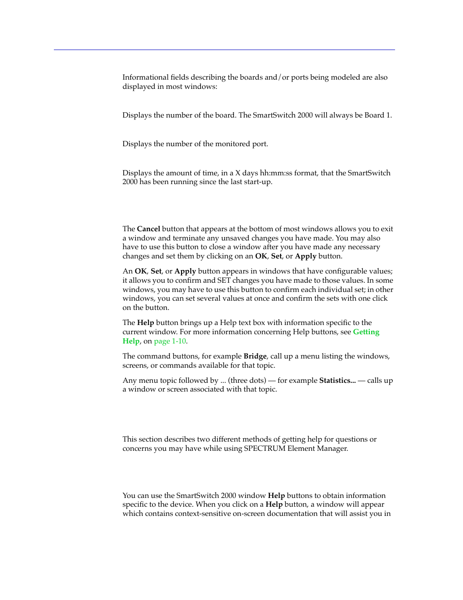 Using window buttons, Getting help, Using on-line help | Using window buttons -10, Getting help -10, Using on-line help -10 | Cabletron Systems 2000 User Manual | Page 18 / 196