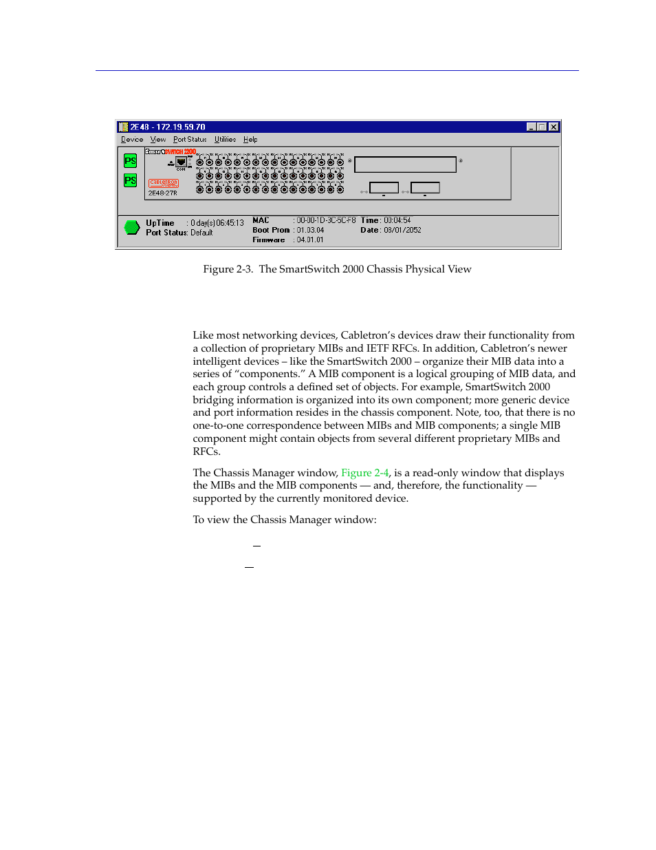 The chassis manager window, The chassis manager window -17, Described in | Chassis manager window | Cabletron Systems 2000 User Manual | Page 39 / 196