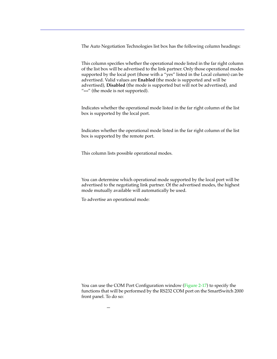 Setting advertised abilities for auto negotiation, Configuring the com port, Conþguring the com port -43 | Conþguring, The com port | Cabletron Systems 2000 User Manual | Page 65 / 196