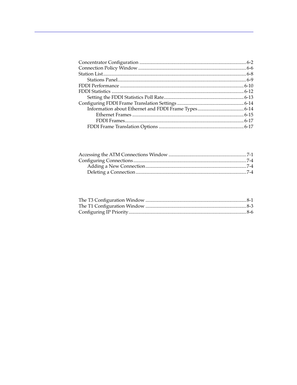 Chapter 6 fddi applications, Chapter 7 atm configuration, Chapter 8 hsim-w87 configuration | Index | Cabletron Systems 2000 User Manual | Page 8 / 196