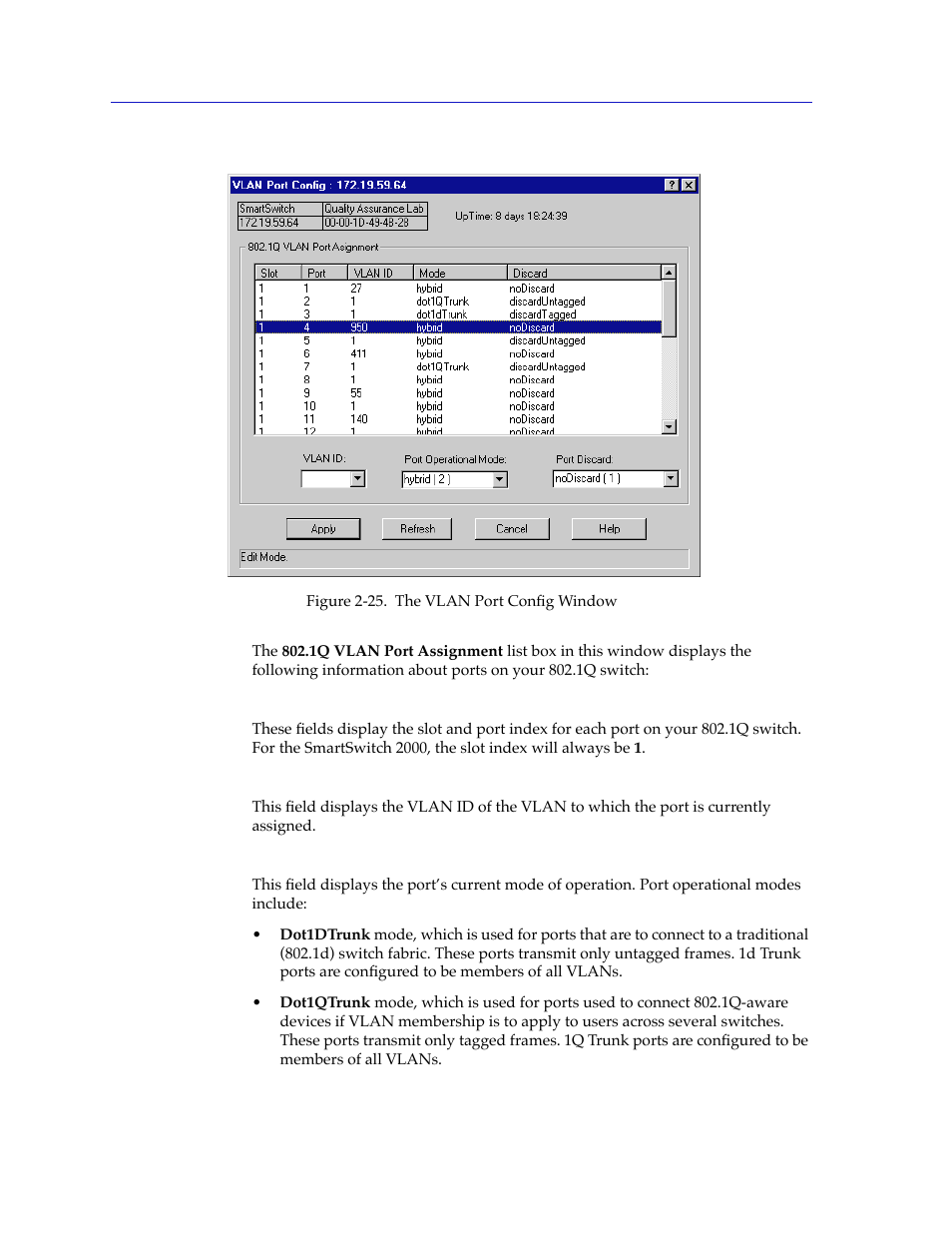 Each port using the vlan port conþg window, Figure 2-25, And the vlan | Will appear | Cabletron Systems 2000 User Manual | Page 90 / 196