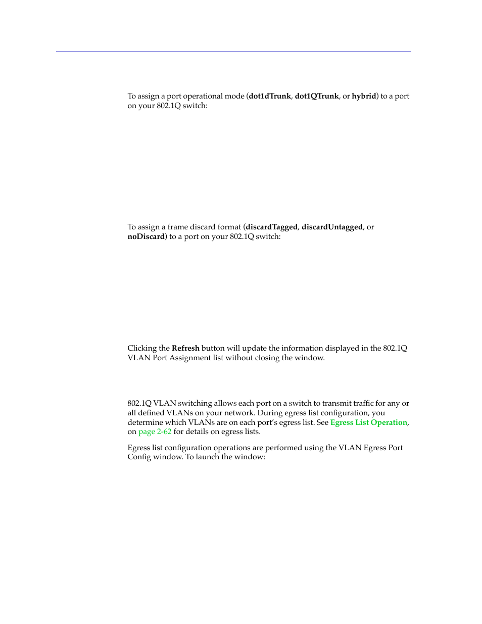 Setting port operational modes, Setting port frame discard formats, Updating vlan port config window information | Performing egress list configuration, Performing egress list conþguration -70, Setting, Port operational modes, Setting port frame, Discard formats | Cabletron Systems 2000 User Manual | Page 92 / 196