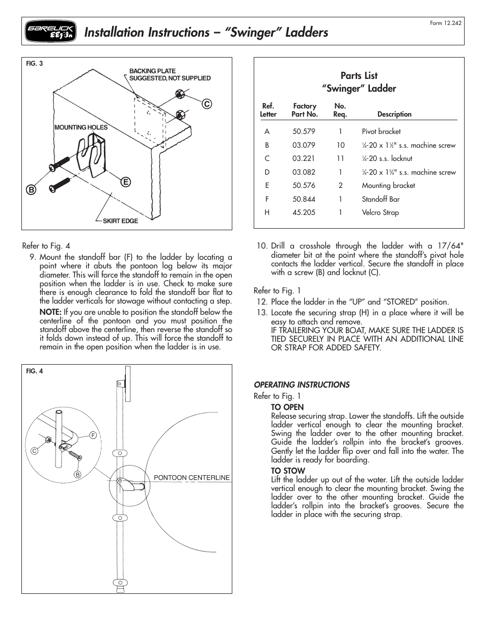 Installation instructions – “swinger” ladders, Parts list “swinger” ladder | Garelick 19250 SWINGER PONTOON LADDER User Manual | Page 2 / 2