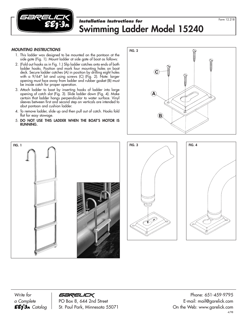 Garelick 15230 PONTOON SWIM LADDER User Manual | 1 page