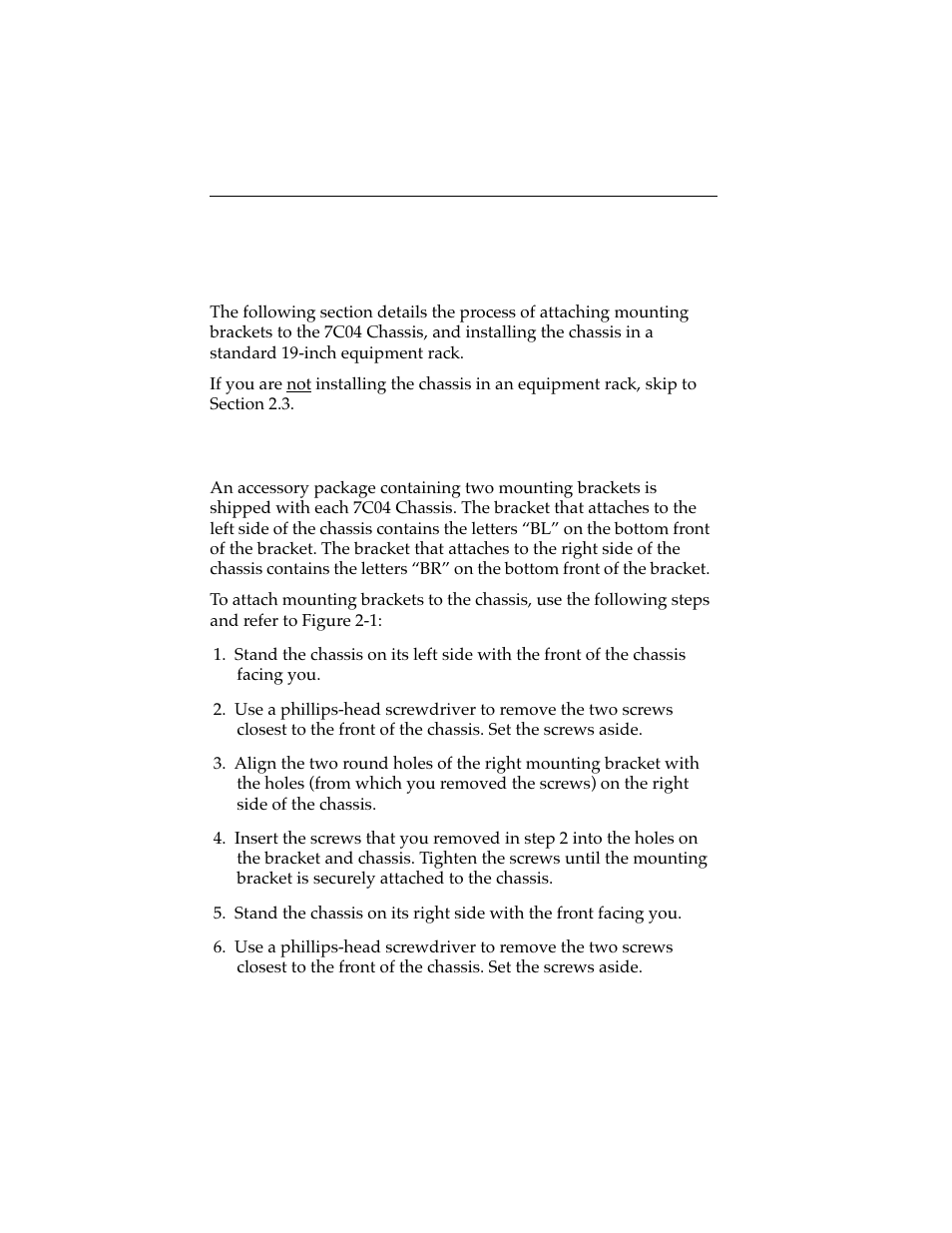 2 installing the 7c04 chassis in an equipment, 1 attaching mounting brackets | Cabletron Systems 7C04 Workgroup User Manual | Page 13 / 25