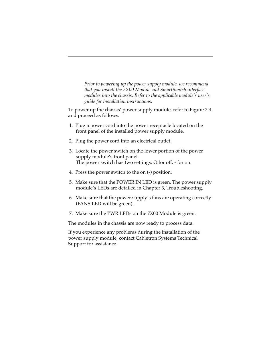 3 powering up the power supply module | Cabletron Systems 7C04 Workgroup User Manual | Page 18 / 25