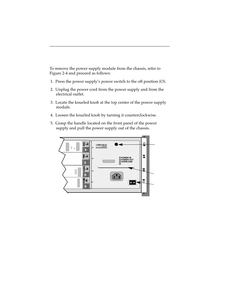 4 removing the power supply module, 4 removing the power supply module | Cabletron Systems 7C04 Workgroup User Manual | Page 19 / 25