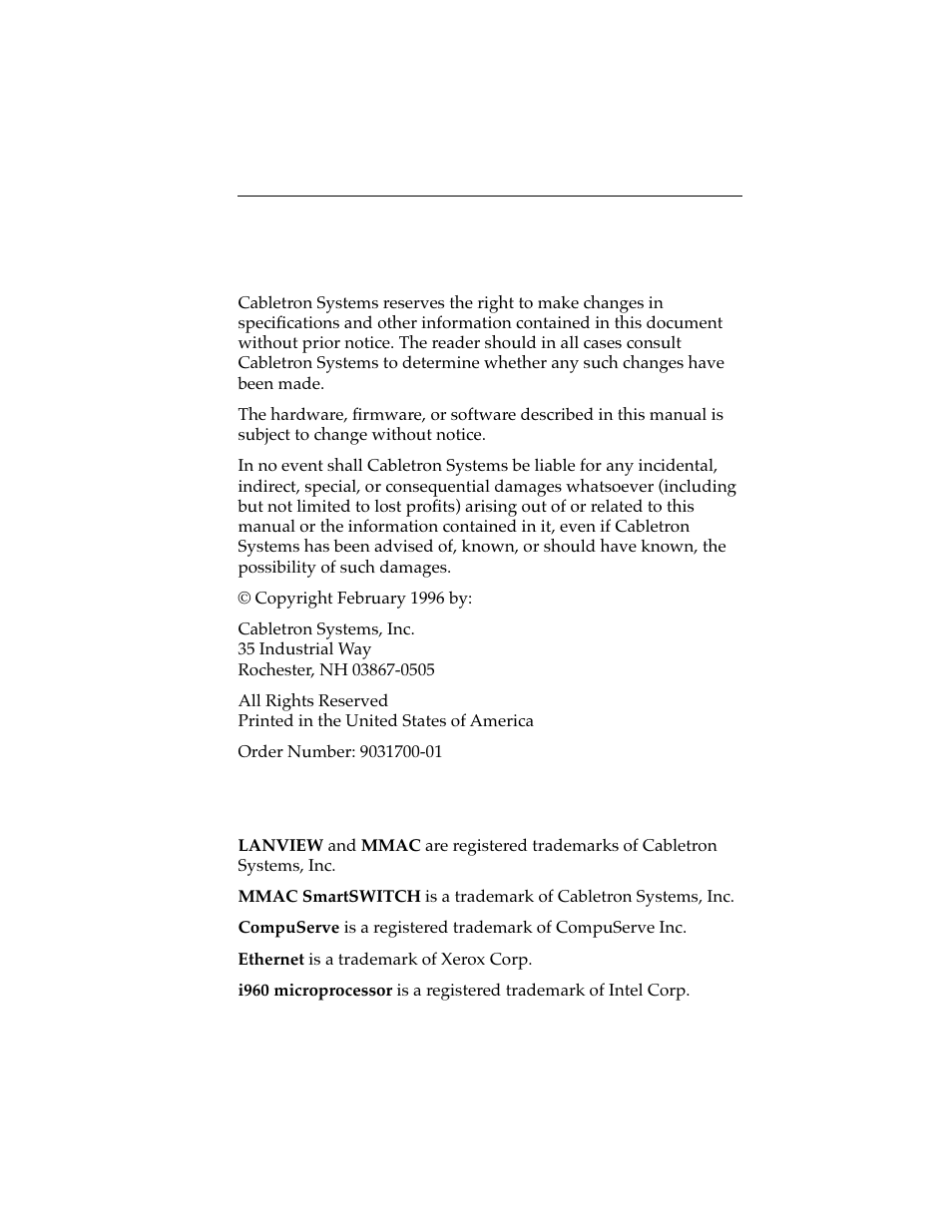 Notice | Cabletron Systems 7C04 Workgroup User Manual | Page 2 / 25