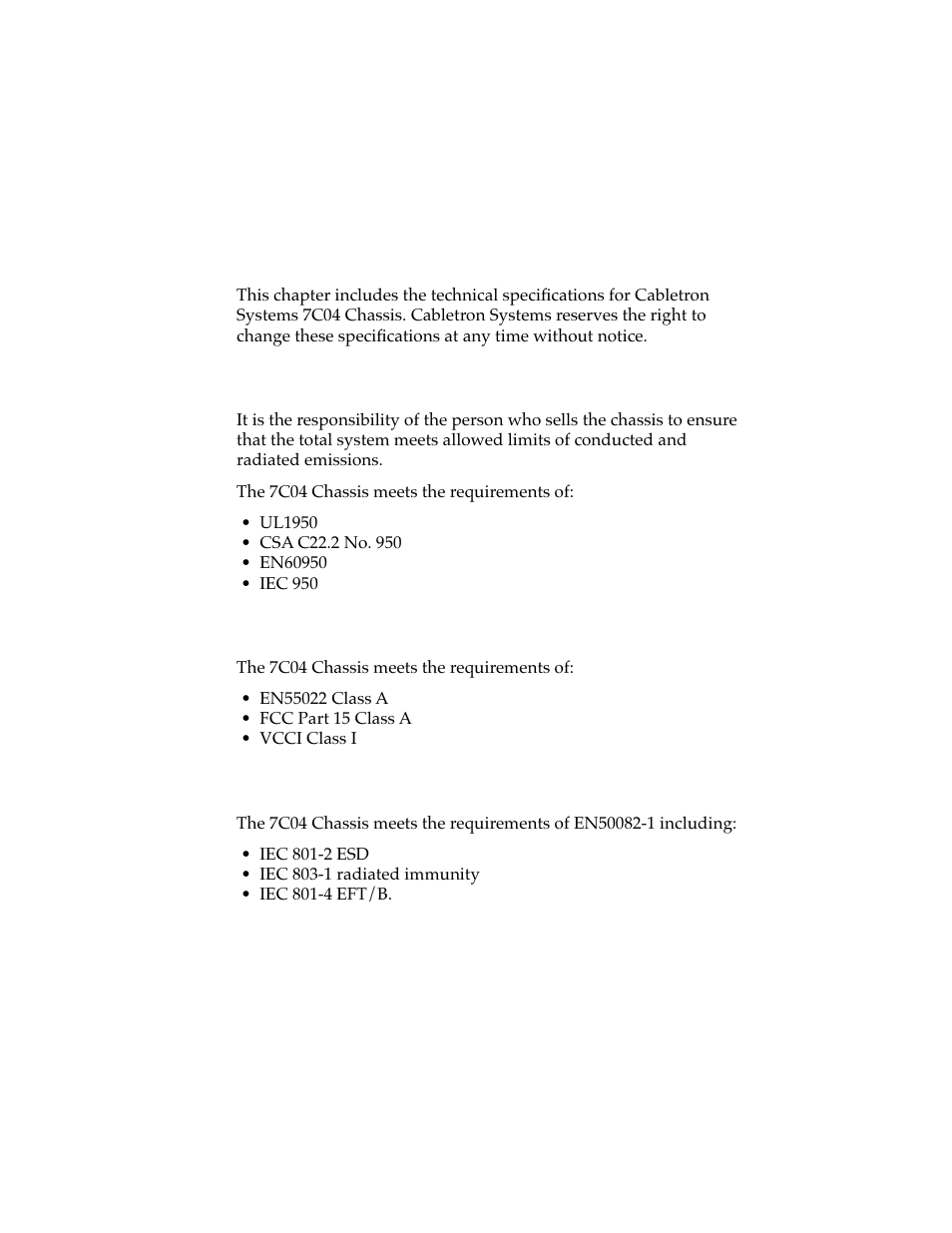 Technical specifications, 1 safety, 2 emi | 3 immunity, Chapter 4 | Cabletron Systems 7C04 Workgroup User Manual | Page 23 / 25