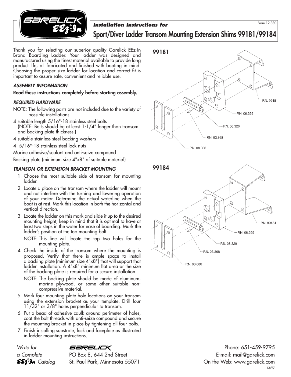 Garelick 99181 TRANSOM MOUNTING EXTENSION SHIM User Manual | 1 page