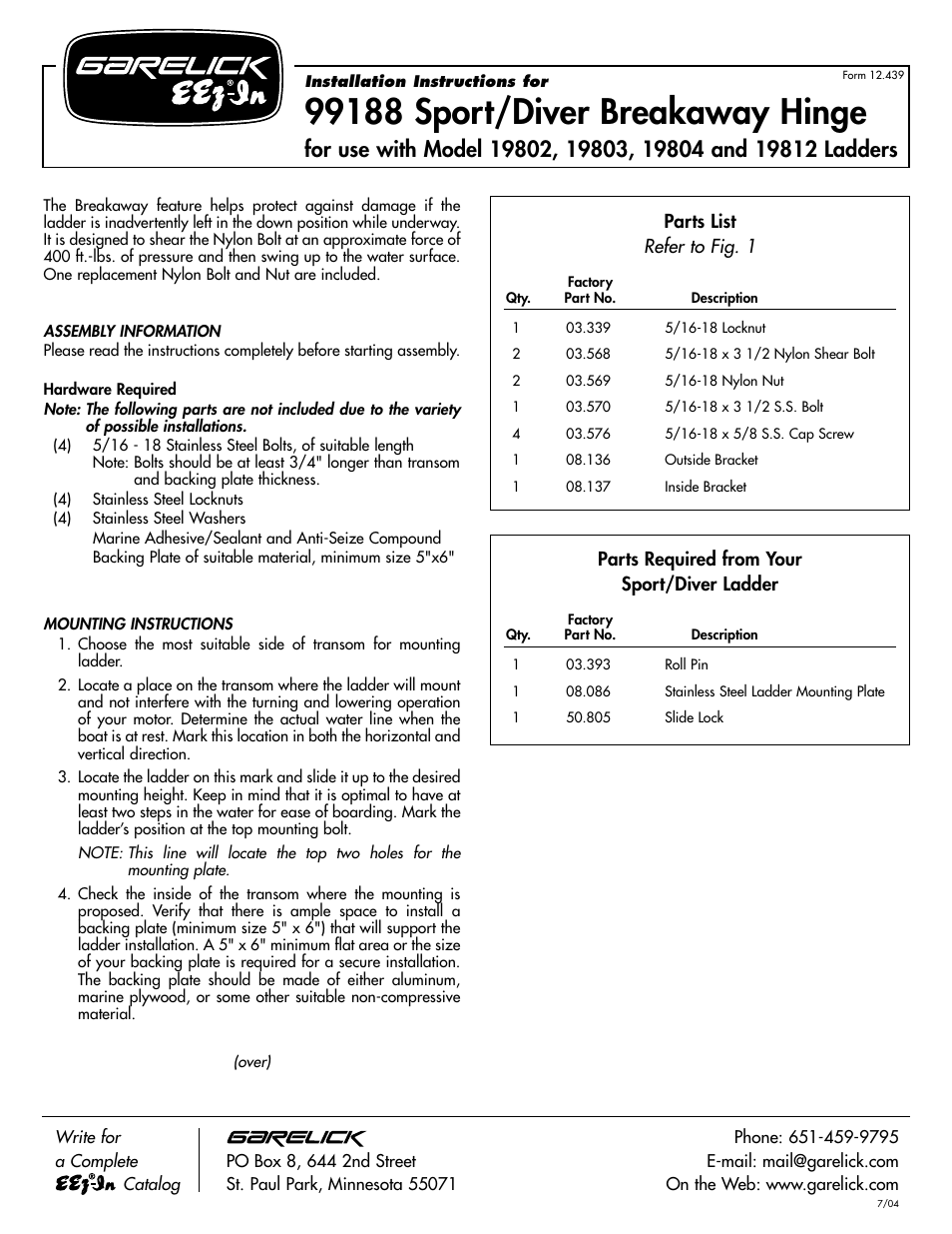 Garelick 99188 BREAKAWAY HINGE HARDWARE User Manual | 2 pages