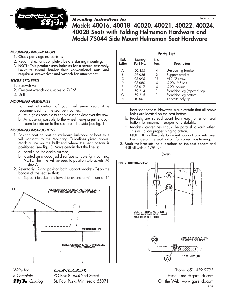 Garelick 40028 Seats with Folding Helmsman Hardware User Manual | 2 pages