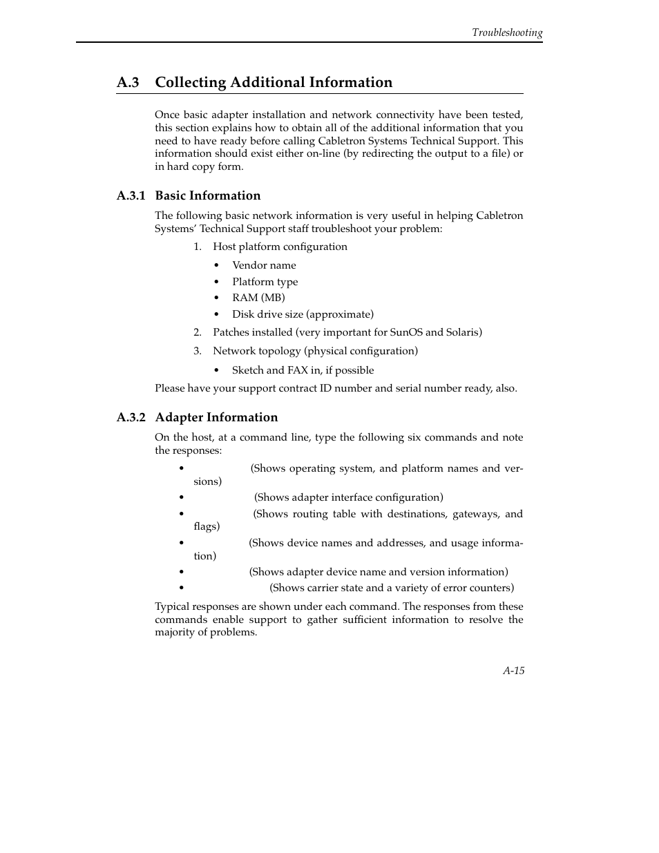 A.3 collecting additional information, A.3.1 basic information, A.3.2 adapter information | Cabletron Systems SFCS-200WG User Manual | Page 111 / 180