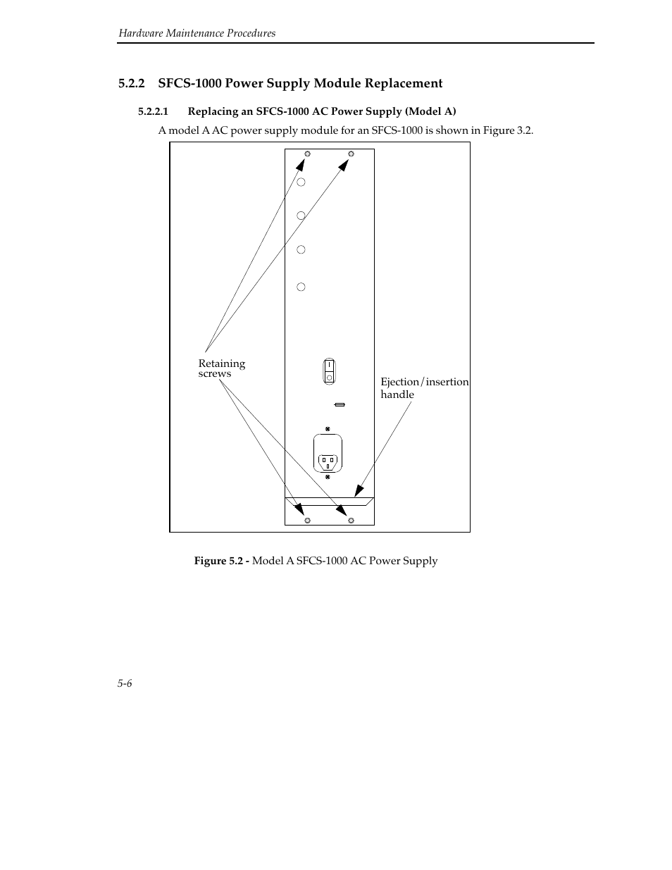 2 sfcs-1000 power supply module replacement, 1 replacing an sfcs-1000 ac power supply (mo, 2 sfcs-1000 power supply module replacement -6 | 6 hardware maintenance procedures, Retaining screws ejection/insertion handle | Cabletron Systems SFCS-200WG User Manual | Page 72 / 180