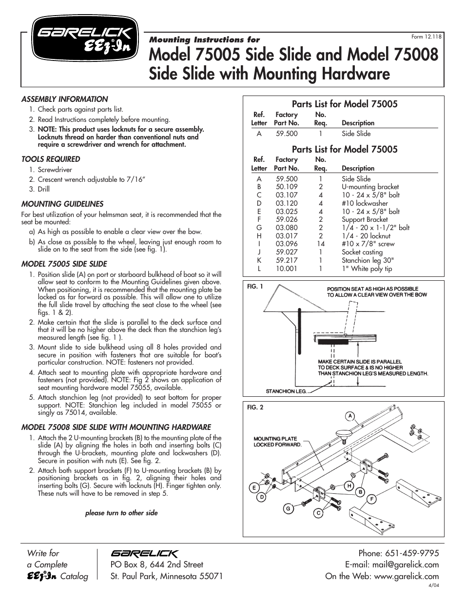 Garelick 75008 Side Slide with Mounting Hardware User Manual | 2 pages