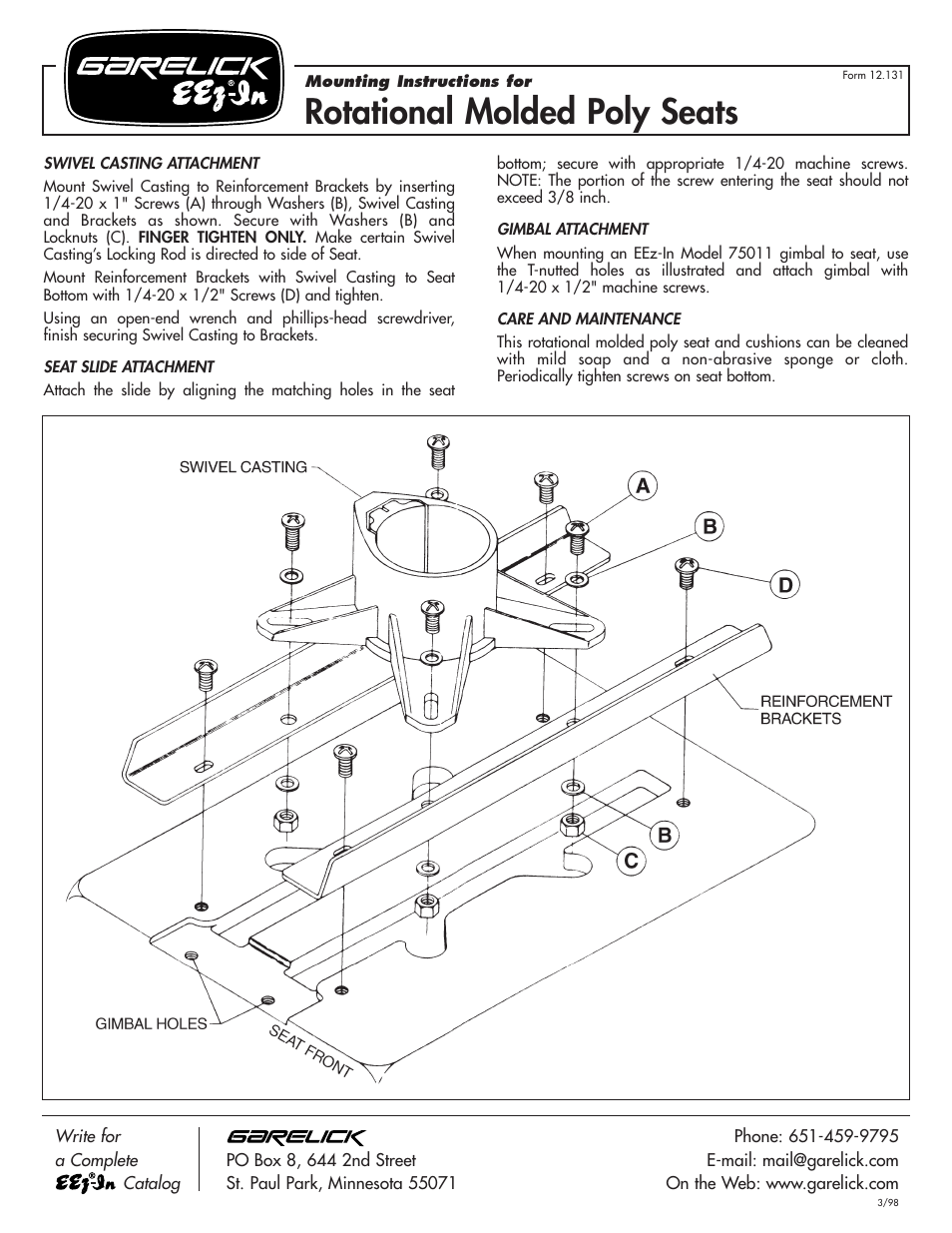 Garelick 48050 050 PREMIUM ROTO MOLDED SEAT & SEAT/PEDESTAL PACKAGE User Manual | 1 page