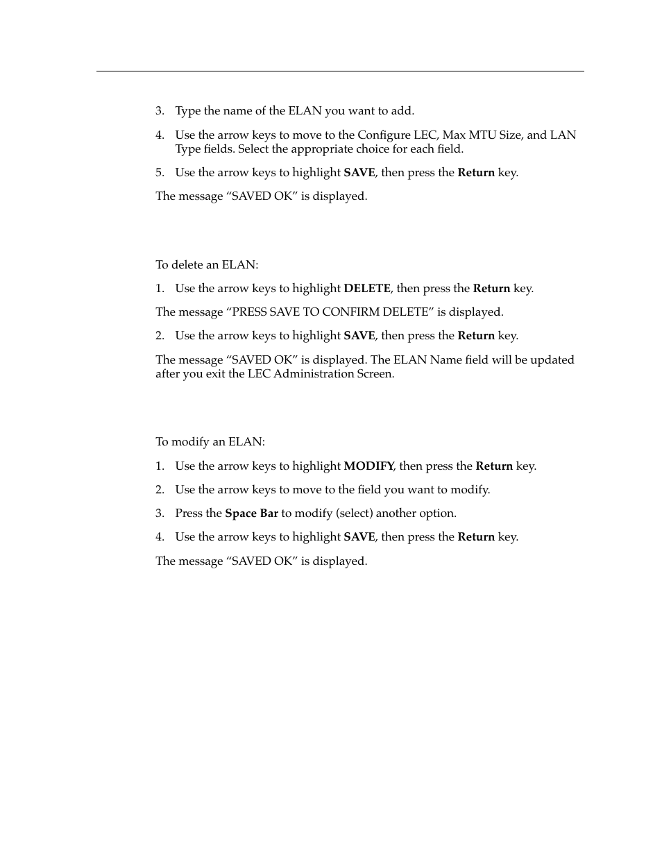 Deleting an elan, Modifying an elan | Cabletron Systems 9A426-01 User Manual | Page 17 / 24