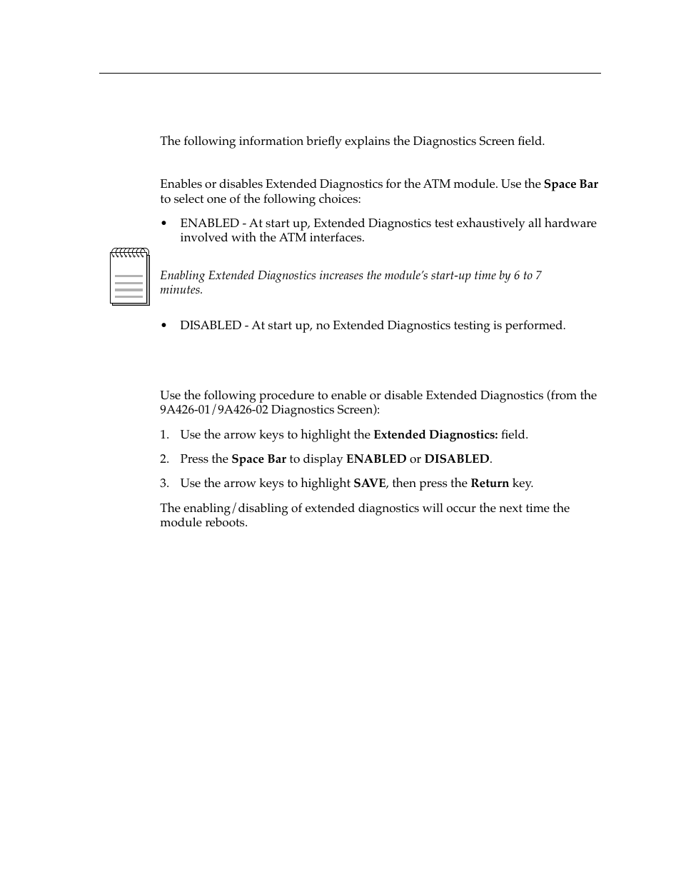 Diagnostics screen field, Enabling and disabling extended diagnostics | Cabletron Systems 9A426-01 User Manual | Page 23 / 24