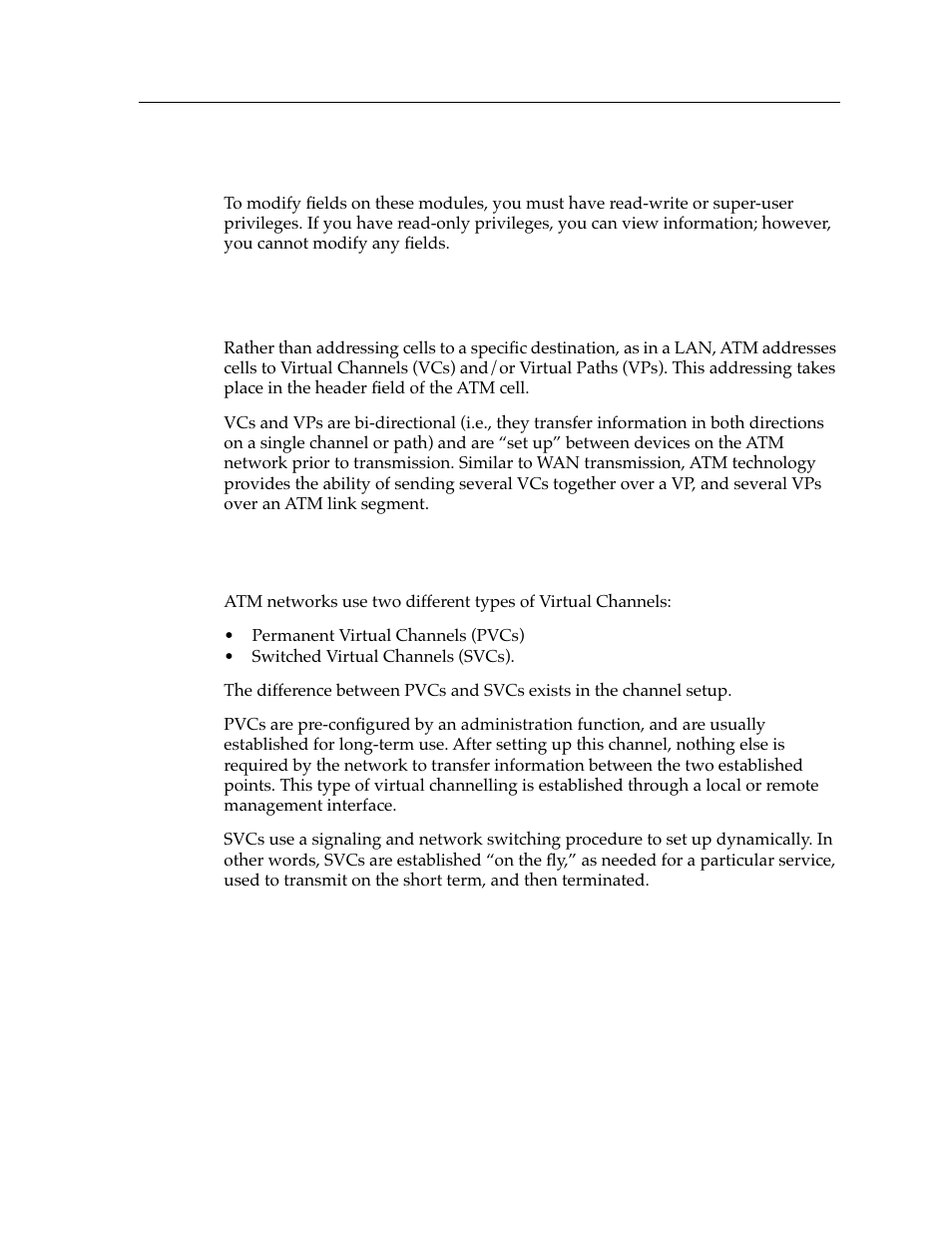 Modifying fields and user privileges, Virtual channels and virtual paths, Permanent and switched virtual channels | Cabletron Systems 9A426-01 User Manual | Page 5 / 24
