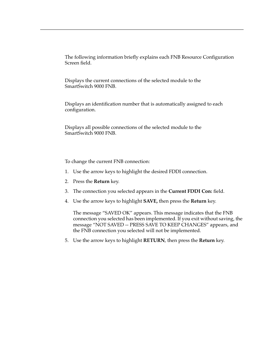 Fnb resource configuration screen fields, Changing the current fnb connection | Cabletron Systems 9A426-01 User Manual | Page 7 / 24