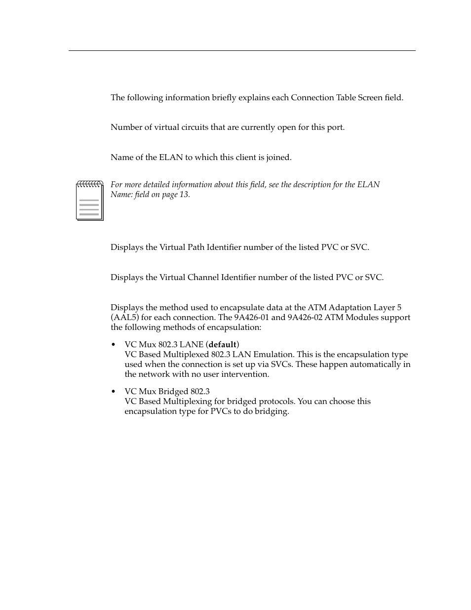 Connection table screen fields | Cabletron Systems 9A426-01 User Manual | Page 9 / 24