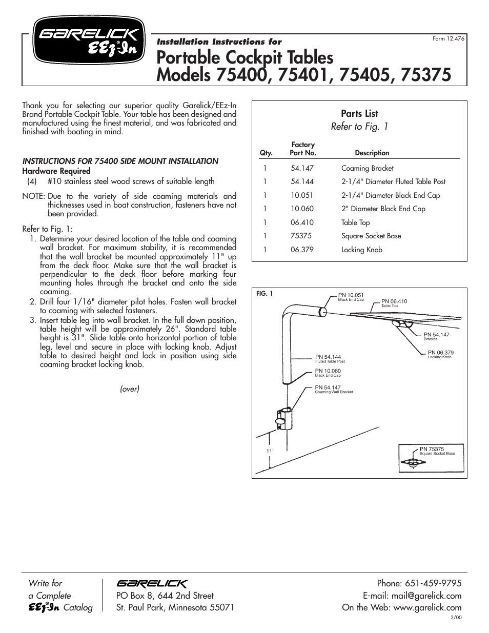 Garelick 75375 STOWABLE COCKPIT TABLE SYSTEM User Manual | 2 pages