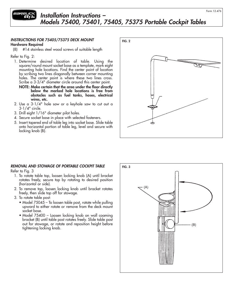 Garelick 75375 STOWABLE COCKPIT TABLE SYSTEM User Manual | Page 2 / 2