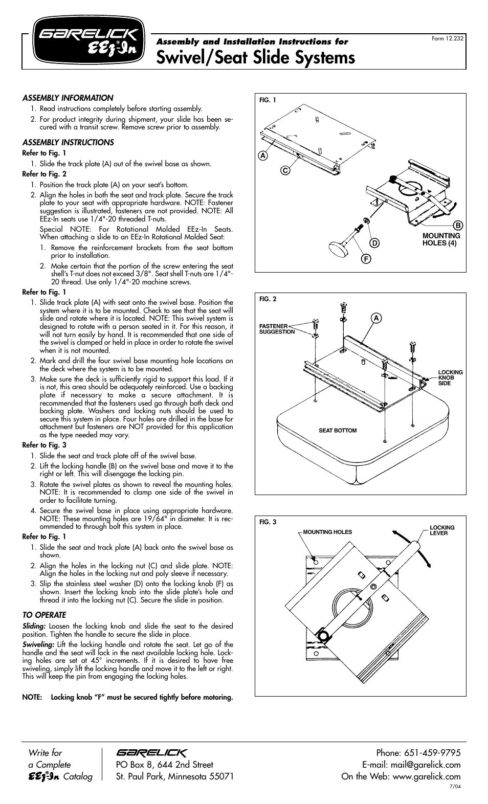 Garelick 75090 LOW PROFILE SEAT SLIDE AND LOCKING SWIVEL User Manual | 1 page