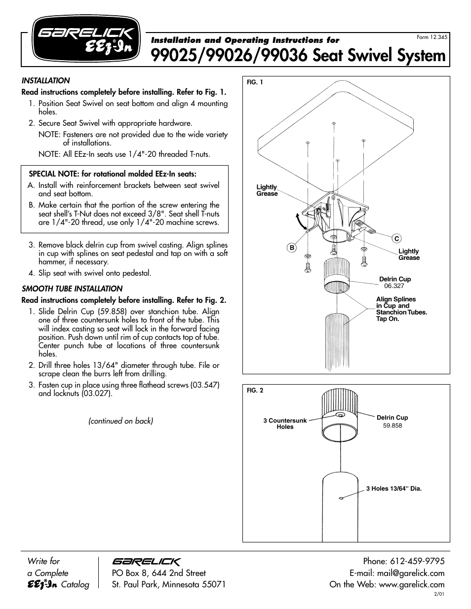 Garelick 99036 SWIVEL SEAT MOUNT TOP User Manual | 2 pages