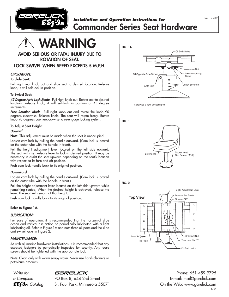 Garelick 79715 3.5 GAS RISE COMMANDER SEAT User Manual | 2 pages