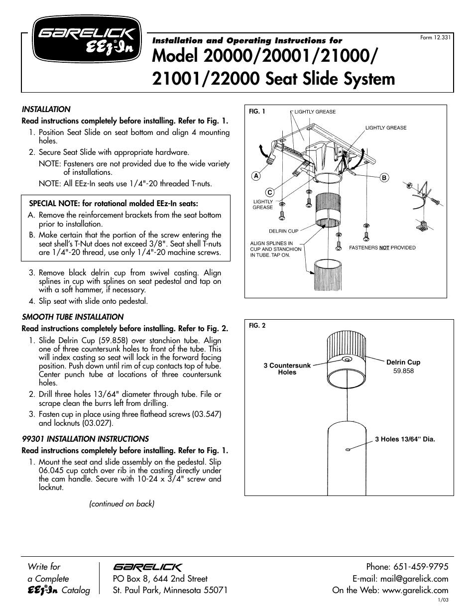 Garelick 22000 SEAT SLIDE SYSTEM User Manual | 2 pages