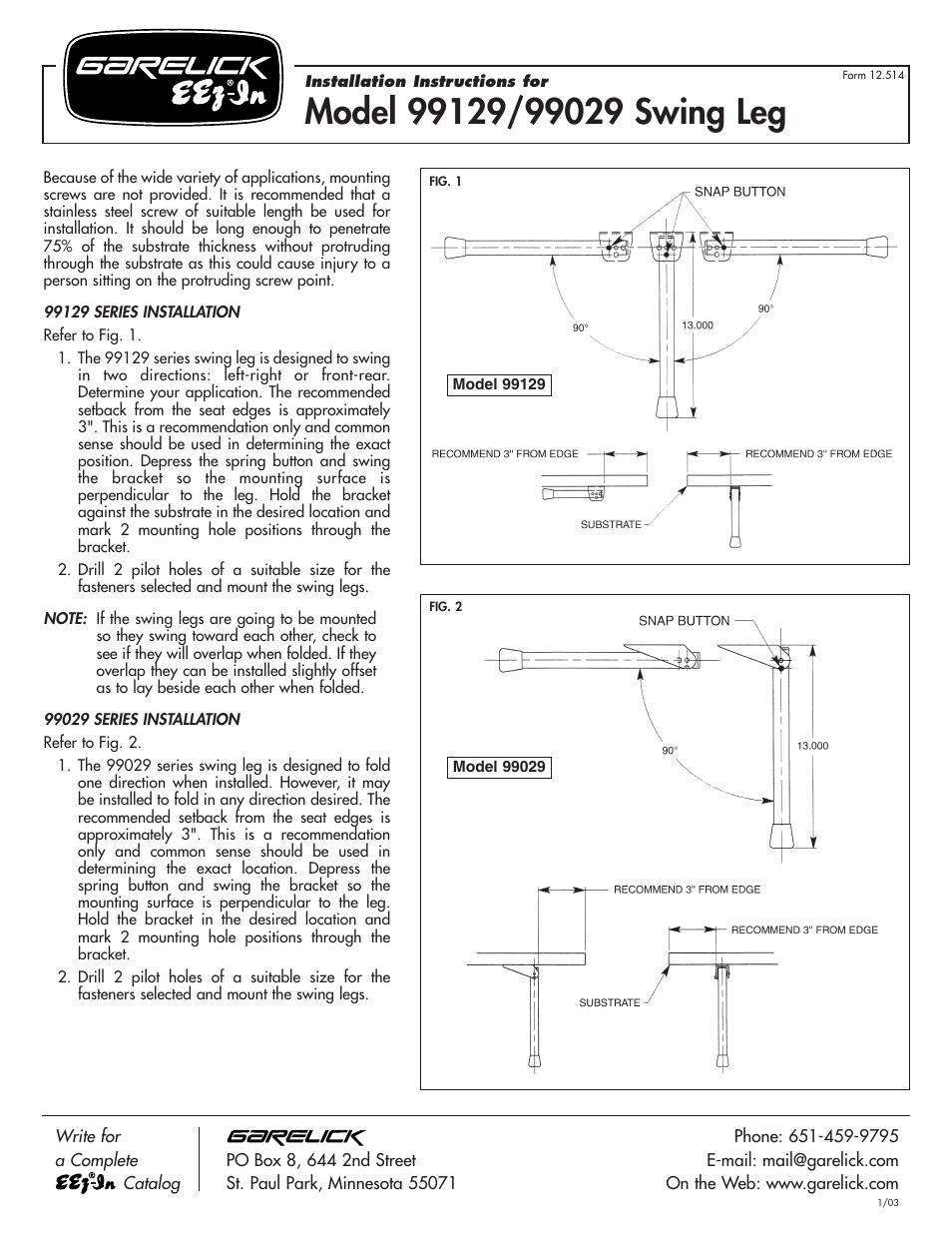 Garelick 99128 SEAT SUPPORT SWING LEG User Manual | 1 page