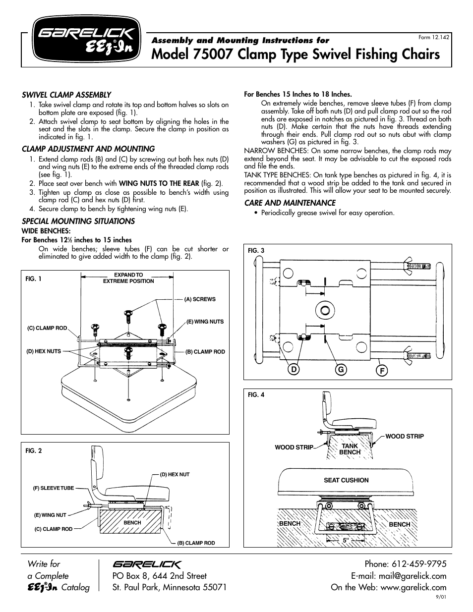 Garelick 75007 ADJUSTABLE SEAT SWIVEL CLAMP User Manual | 1 page