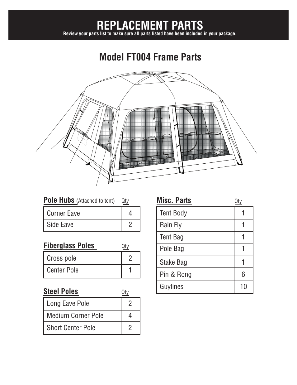 Replacement parts, Model ft004 frame parts | Giga Tent FT 004 User Manual | Page 4 / 8