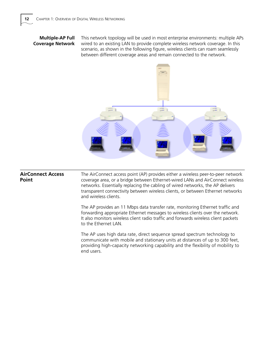 Multiple-ap full coverage network, Airconnect access point, Multiple-ap full coverage network 12 | Airconnect access point 12 | Cabletron Systems AirConnect 3Com User Manual | Page 12 / 93