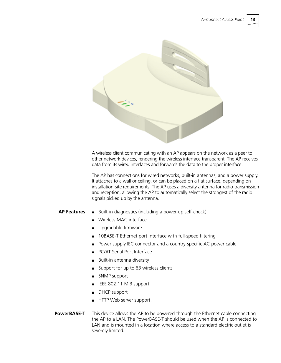 Ap features, Powerbase-t, Ap features 13 powerbase-t 13 | Cabletron Systems AirConnect 3Com User Manual | Page 13 / 93