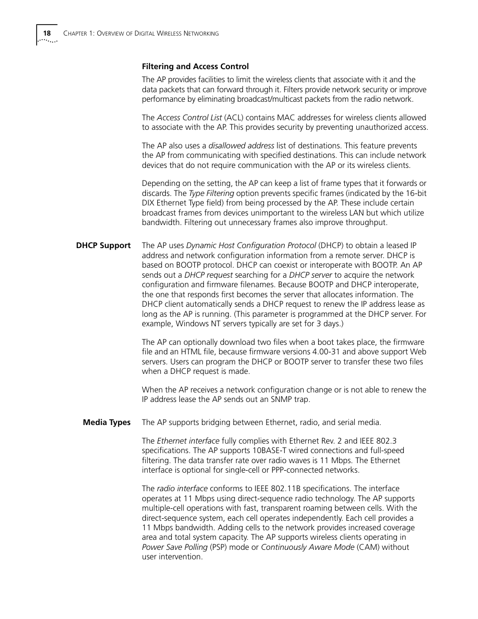 Filtering and access control, Dhcp support, Media types | Filtering and access control 18, Dhcp support 18 media types 18 | Cabletron Systems AirConnect 3Com User Manual | Page 18 / 93